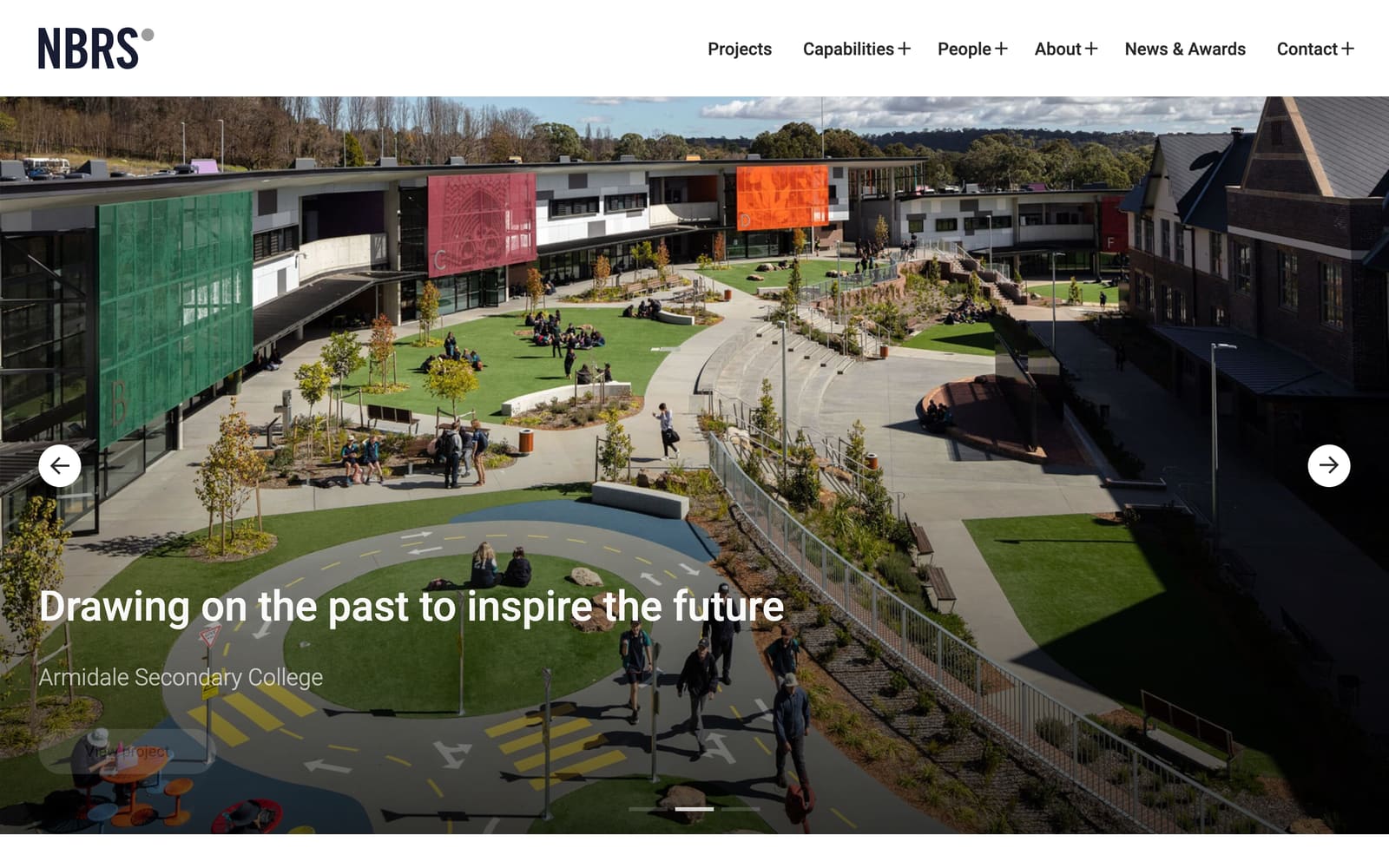 The previous NBRS homepage: a project image carousel with a project name and a View project button
